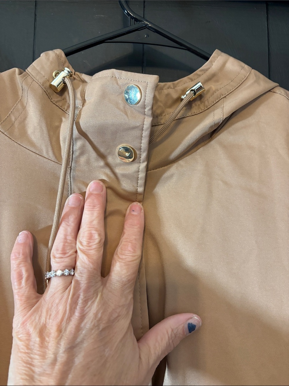 Liz Claiborne Tan Hooded Trench Coat with Teal Trim - Picture 4 of 15